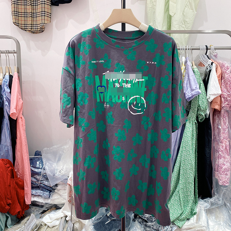 复古绿色花朵短袖T恤女设计感撞色字母印花百搭上衣潮