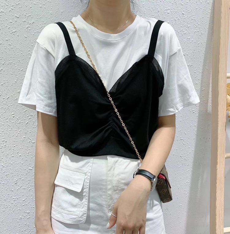 新款韩版女装简约拼接不规则潮流显瘦短袖T恤
