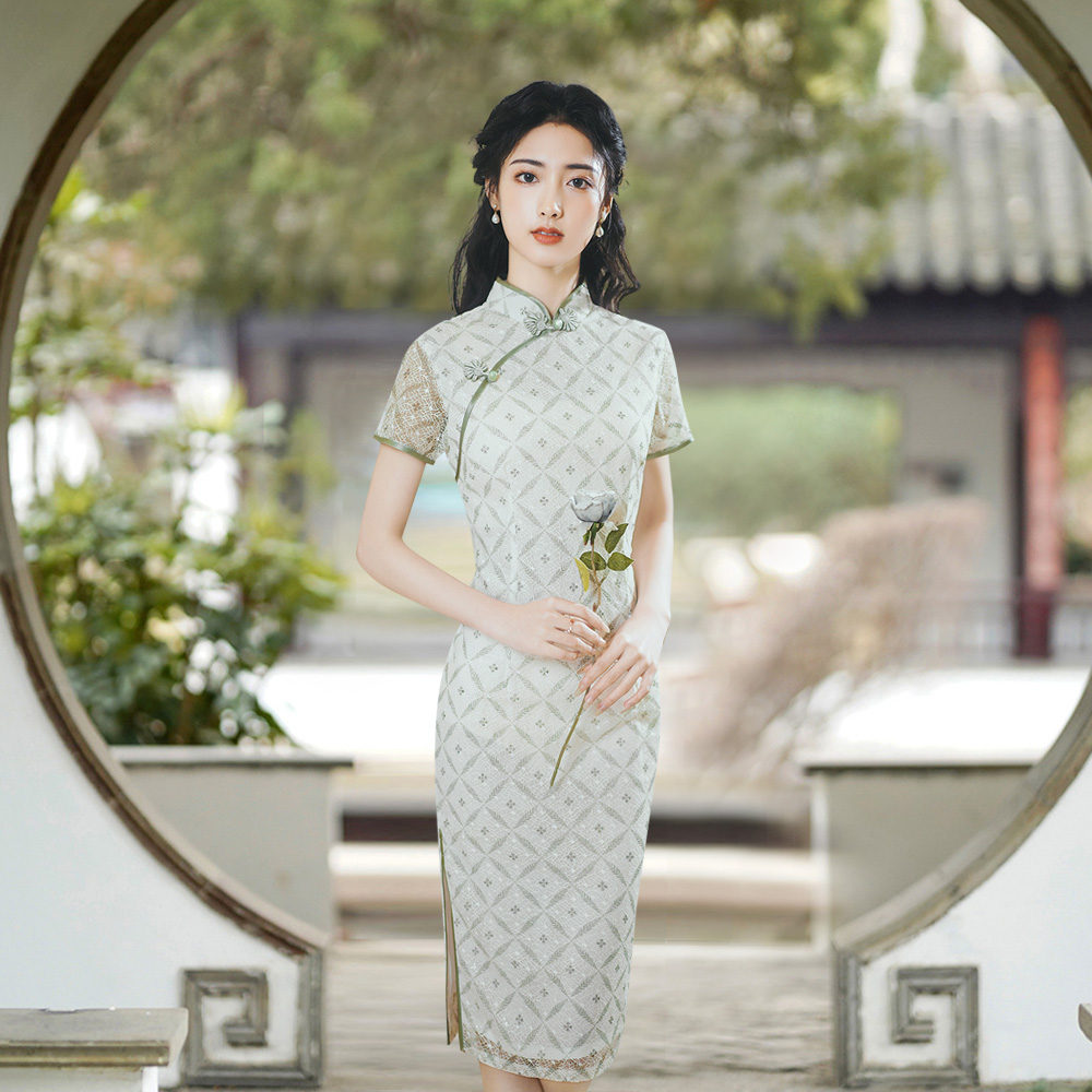 蕾丝旗袍中长款素雅简约素色日常生活装平时可穿中国风连衣裙复古