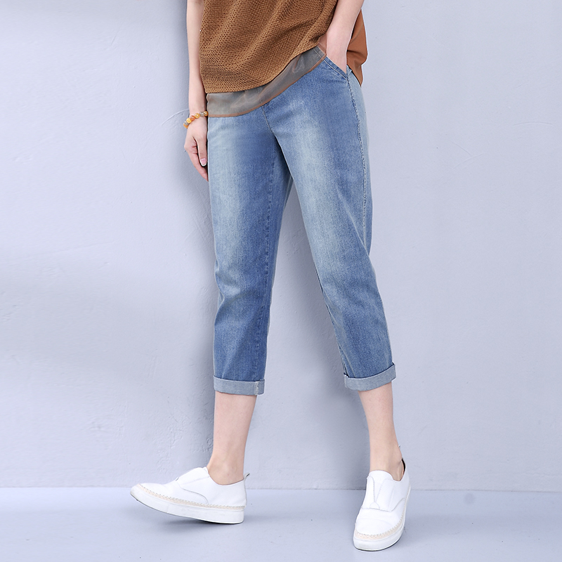 2017 dk诚品 夏装休闲裤女微弹力挽裤脚七分裤牛仔裤百搭哈伦裤子