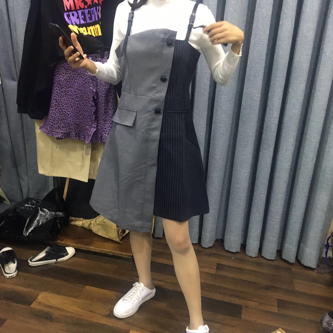 D2F056-SYC1099灰色条纹拼接两件套连衣裙