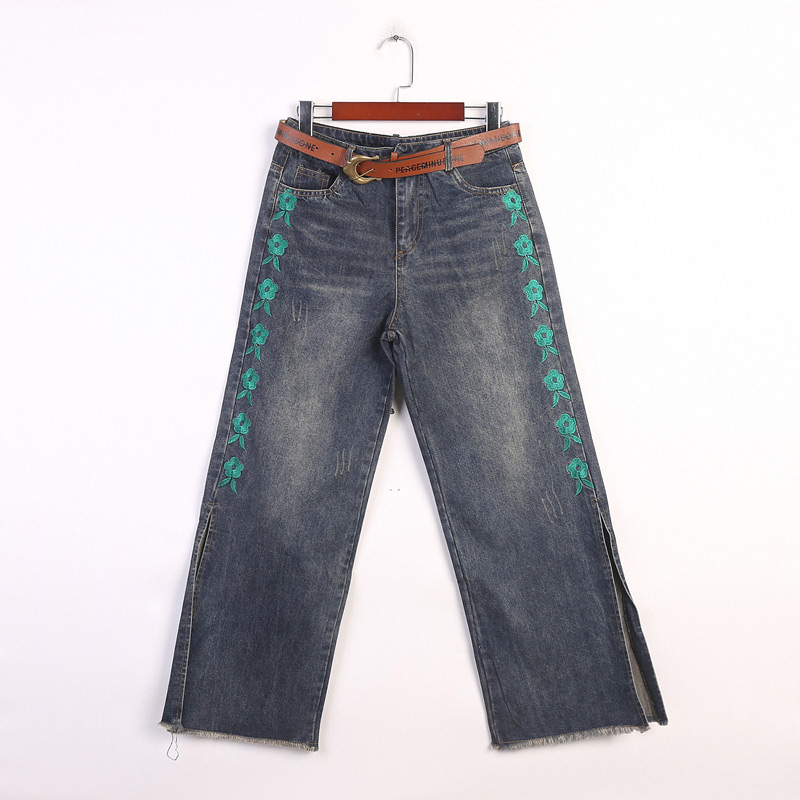 秋季新款刺绣花开叉牛仔裤配皮带