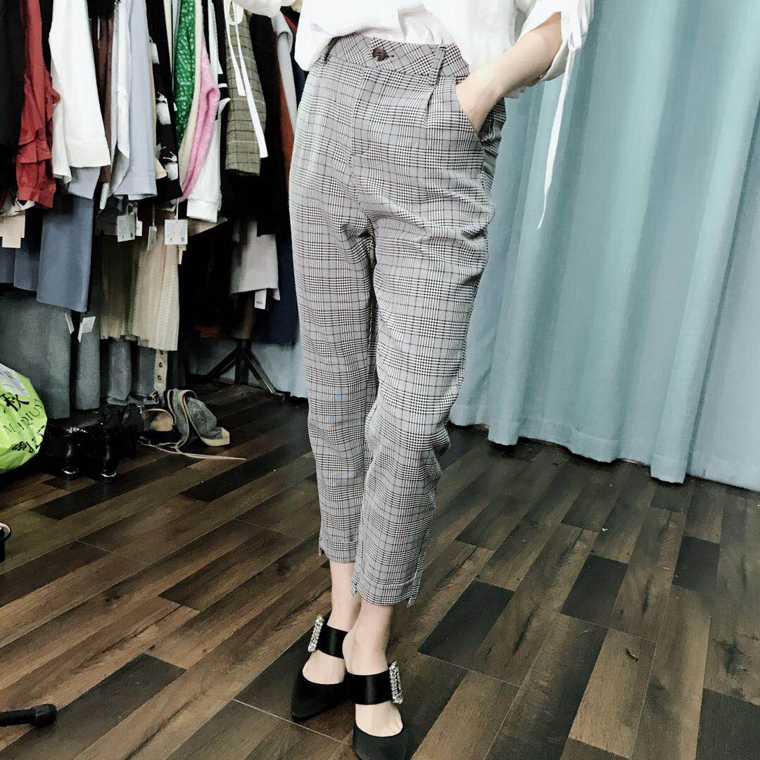 2018早秋新款韩版气质格子长裤