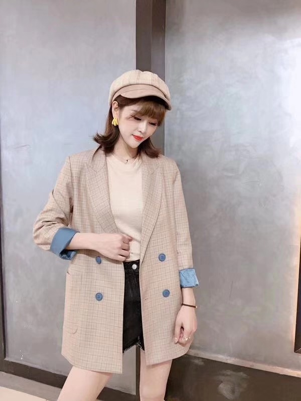 小西装外套格子女2019新款时尚女韩版宽松港风复古中长款西服