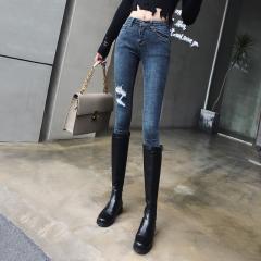蓝灰色破洞牛仔裤女2019高腰弹力拉撕修身毛边磨破九分小脚铅笔裤
