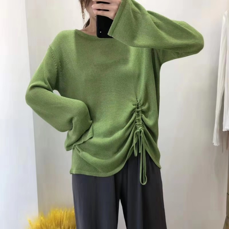 2019早秋新款套头中长款慵懒风针织衫女抽绳系带宽松上衣