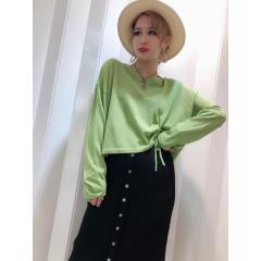 2019早秋新款套头中长款慵懒风针织衫女抽绳系带宽松上衣
