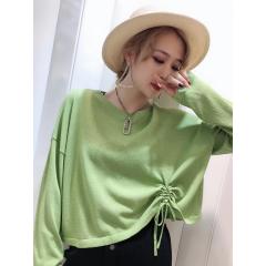 2019早秋新款套头中长款慵懒风针织衫女抽绳系带宽松上衣