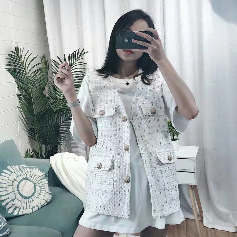 2019港味复古网红套装气质小香风马甲+中长款百搭白色t恤两件套装