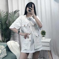 2019港味复古网红套装气质小香风马甲+中长款百搭白色t恤两件套装