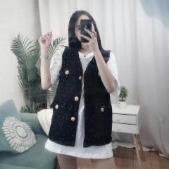 2019港味复古网红套装气质小香风马甲+中长款百搭白色t恤两件套装