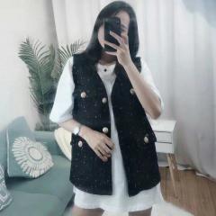 2019港味复古网红套装气质小香风马甲+中长款百搭白色t恤两件套装