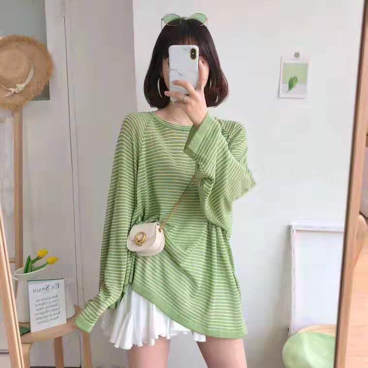 2019条纹长袖宽松套头T恤镂空冰丝薄款针织衫女上衣