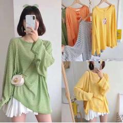 2019条纹长袖宽松套头T恤镂空冰丝薄款针织衫女上衣