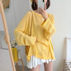 2019条纹长袖宽松套头T恤镂空冰丝薄款针织衫女上衣