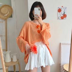 2019条纹长袖宽松套头T恤镂空冰丝薄款针织衫女上衣