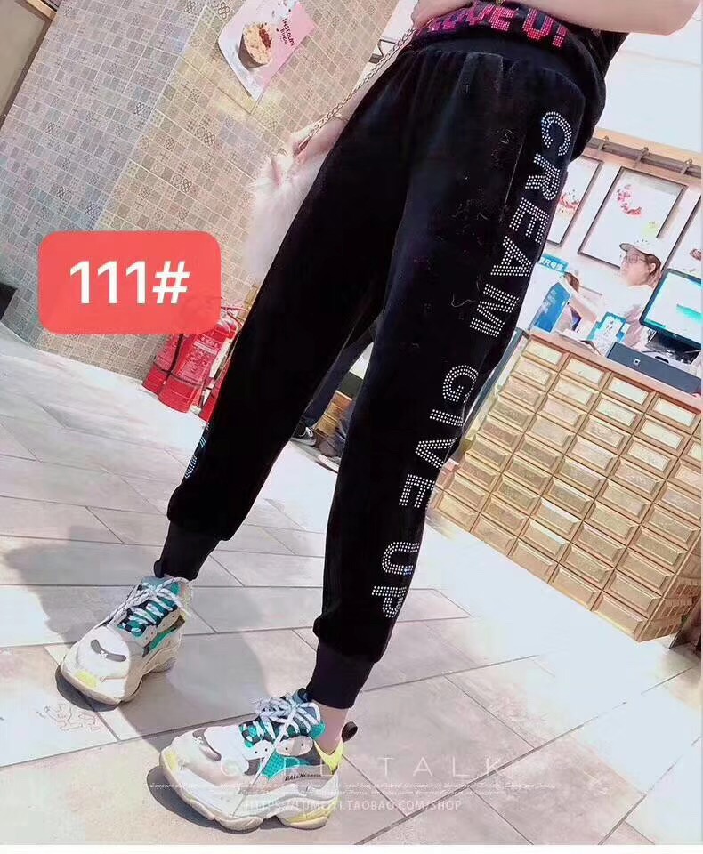 欧洲站2019秋新款加厚金丝绒休闲裤女洋气压钻哈伦裤时尚萝卜裤