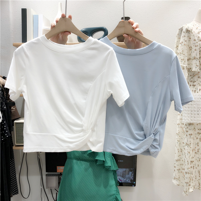 休闲扭结百搭短款长袖T恤女潮