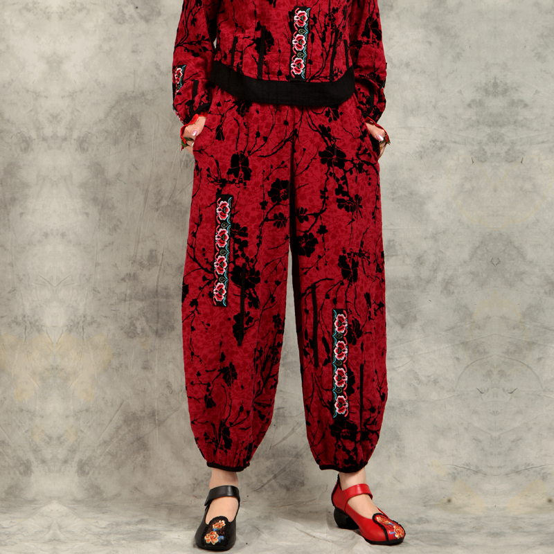 民族风女装裤子2019秋季新款大码棉麻条刺绣阔腿裤长裤
