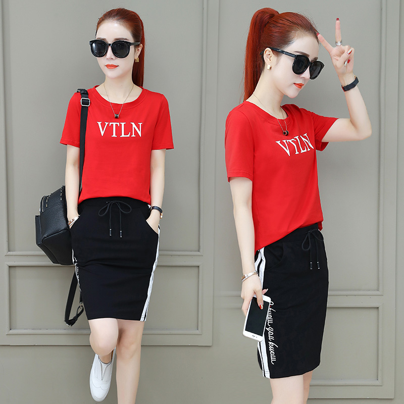 2019夏装新款韩版时尚休闲连衣裙女两件套修身显瘦运动套装裙子潮