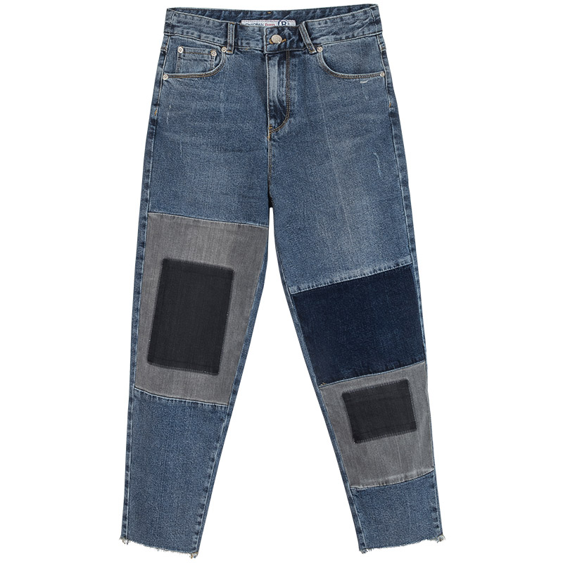 休闲牛仔裤高腰宽松垮裤九分裤潮百搭女裤潮贴布