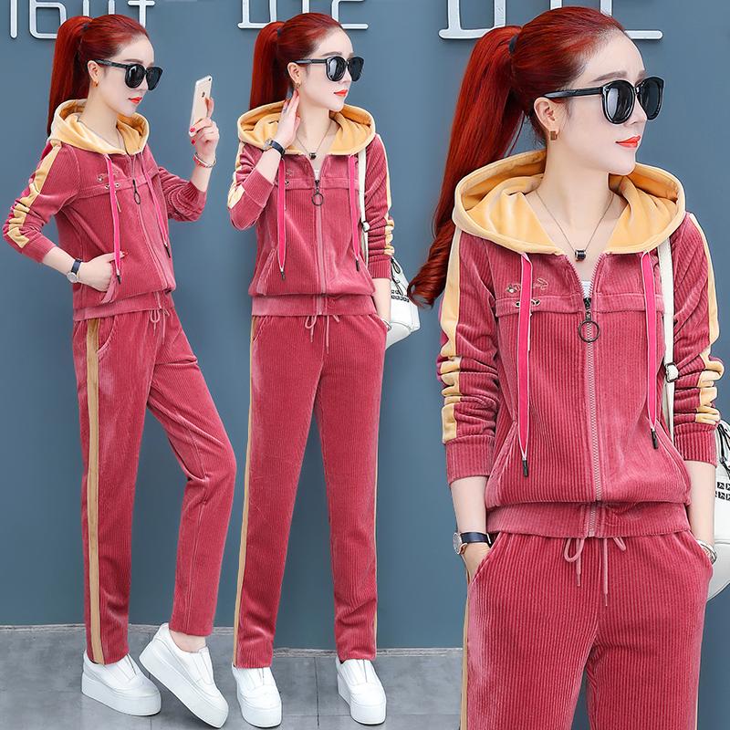 正品灯芯绒时尚运动休闲套装女春秋2019新款韩版连帽卫衣开衫两件