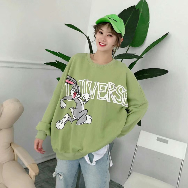 19秋冬新款韩国字母印花卡通兔子毛圈棉宽松大码减龄学生宽松卫衣
