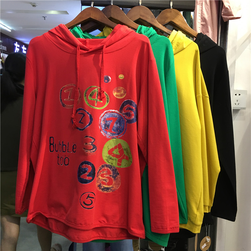 2019秋装宽松卫衣女抽绳连帽字母休闲长袖上衣潮
