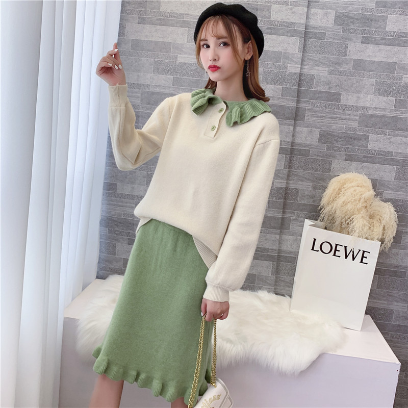 2019甜美可爱套装女新款韩版拼色长袖毛衣荷叶边半身裙洋气两件套