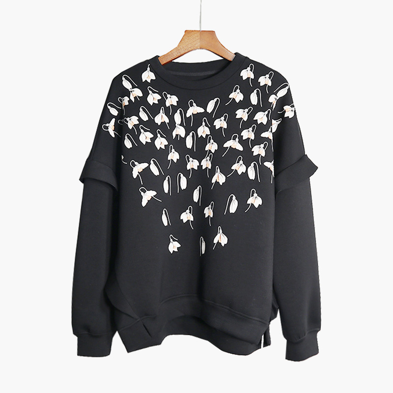 2019秋款欧货圆领长袖木耳边重工刺绣花宽松套头太空棉卫衣