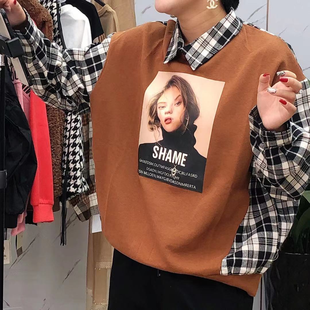 卫衣2019新款女春秋薄款格子衬衫袖拼接韩版人像字母印花长袖套头