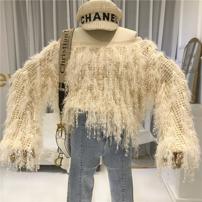 2019秋季新款韩版一字领套头毛衣女宽松流苏毛针织衫长袖学生上衣