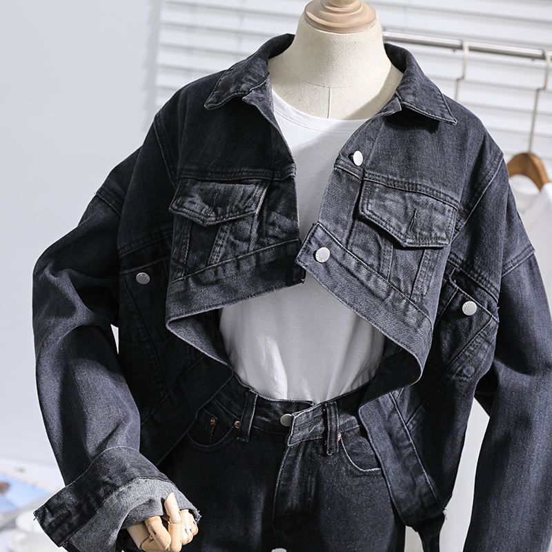 新款韩版宽松短款黑色牛仔外套女学院风chic韩风长袖上衣