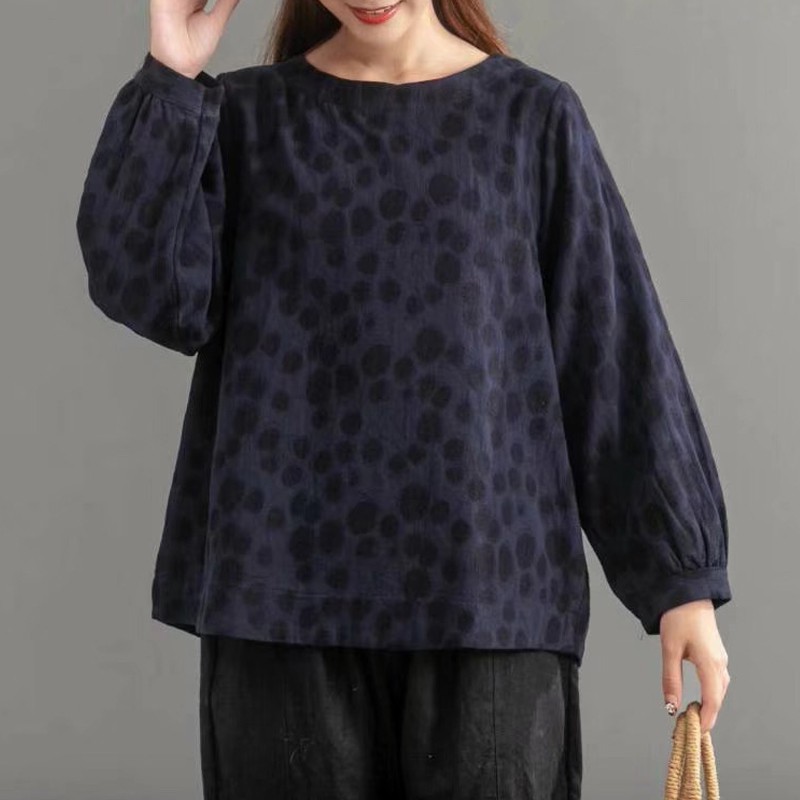 古文艺棉麻女装长袖圆领套头打底衫秋季宽松女士上衣