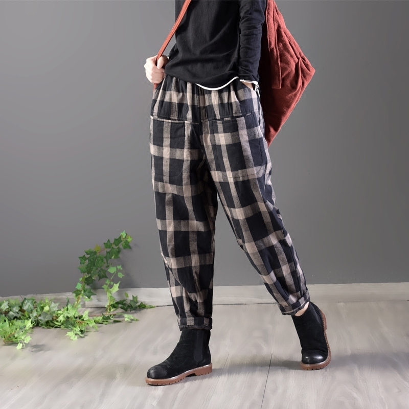 棉麻加厚外穿宽腿裤休闲夹棉民族风复古格子哈伦裤