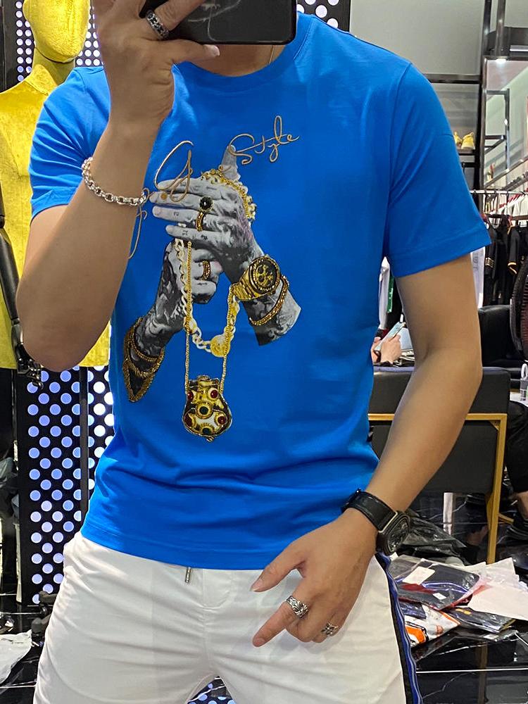 欧洲站潮牌网红字母印花烫钻短袖男潮流