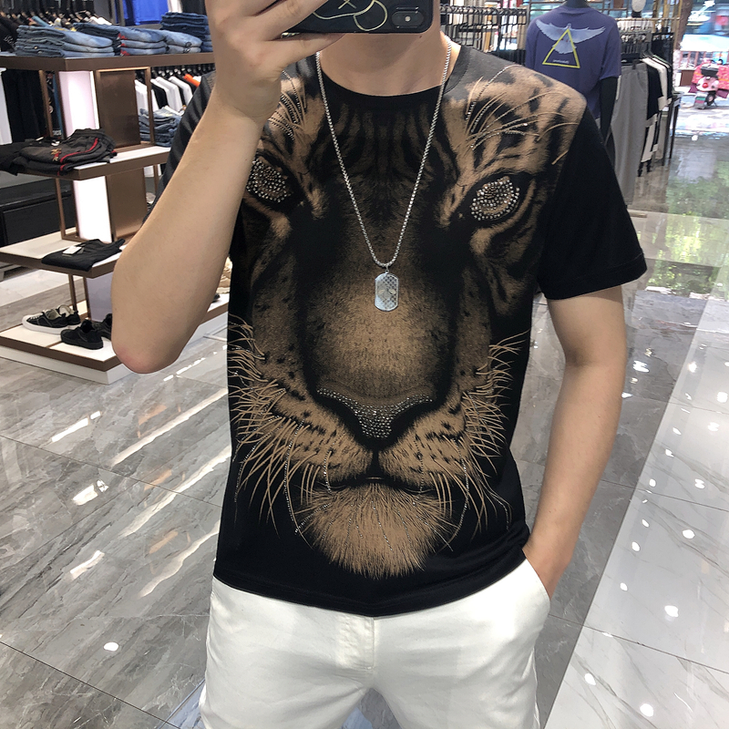 新款老虎丝光棉烫钻潮流大码冰丝印花半袖