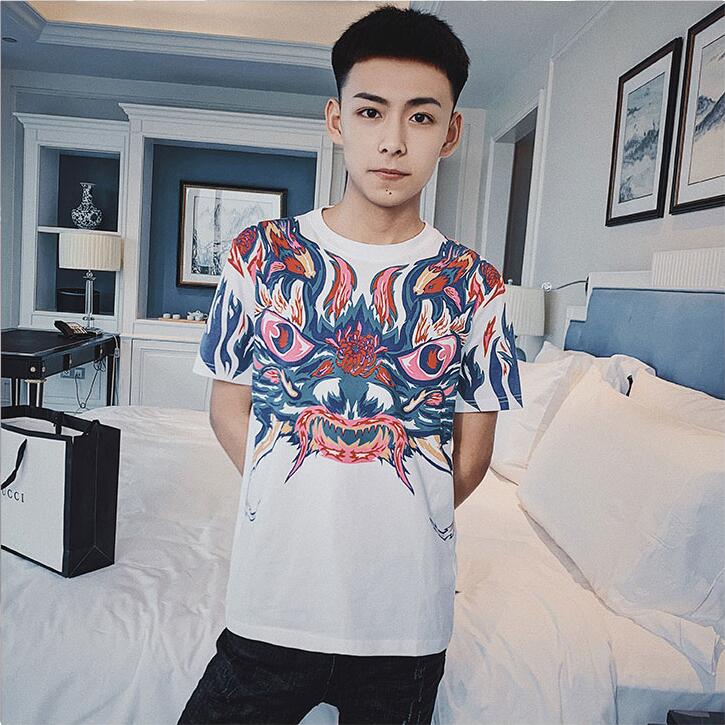 男韩版网红社会精神小伙潮流个性印花休闲百搭半截袖