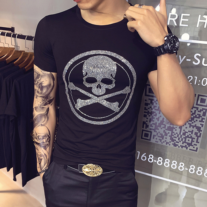 2020欧货男士网红鬼头烫钻半袖潮牌青年弹力修身短袖T恤男