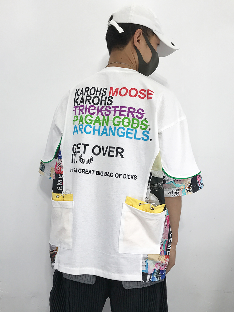 韩版短袖t恤国潮嘻哈拼接花布料卡通半袖体恤