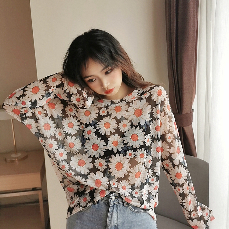秋季新款韩国泫雅ins印花小雏菊打底衫宽松显瘦长袖网纱套头T恤女