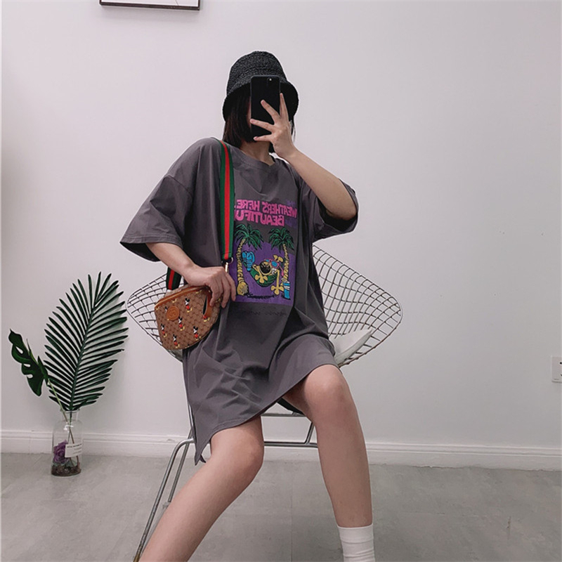 欧洲站中长款T恤裙女2020夏装新款韩版圆领露背宽松上衣短袖t恤潮