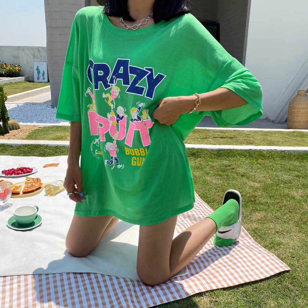 新品洗旧印花图案字母韩版宽松显瘦短袖t恤女ins