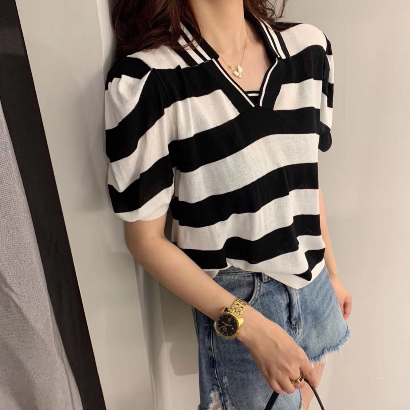 新款欧货女装小v开叉翻领条纹冰丝针织衫女短袖T恤