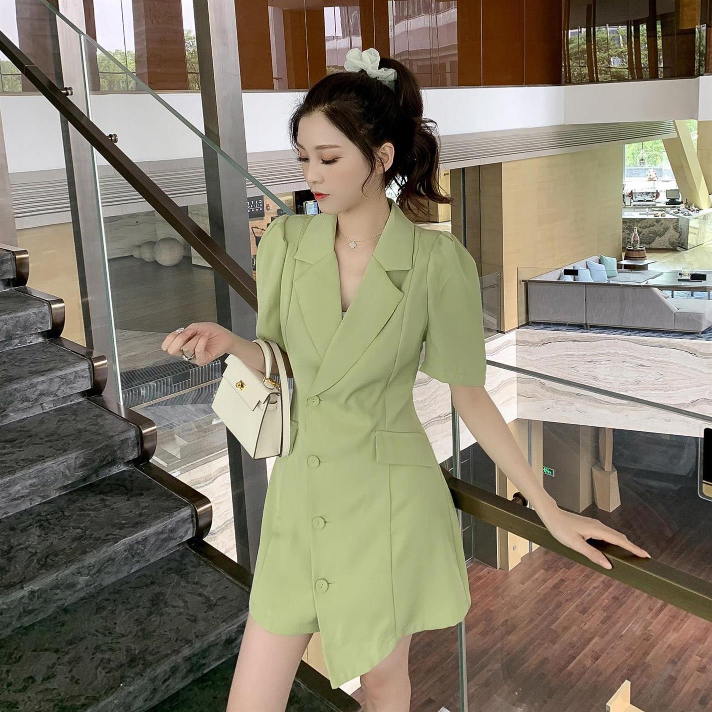 新款韩版不规则西装式气质连衣裙女神范可盐可甜桔梗裙