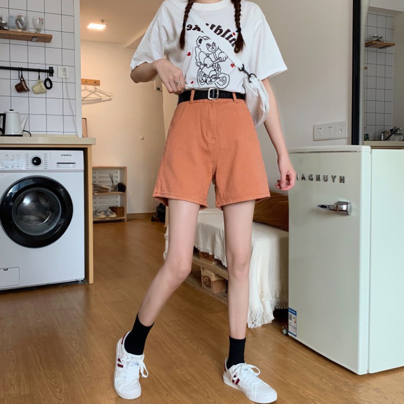 牛仔短裤女夏2020新款韩版亮色系高腰宽松直筒阔腿短裤学生热裤潮