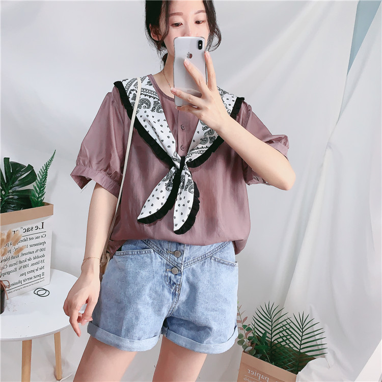 丝巾圆领假两件衬衫女