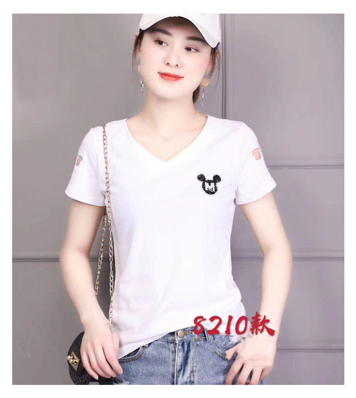 V领短袖打底衫绣花烫钻纯棉百搭时尚修身显瘦T恤夏季甜美运动上衣