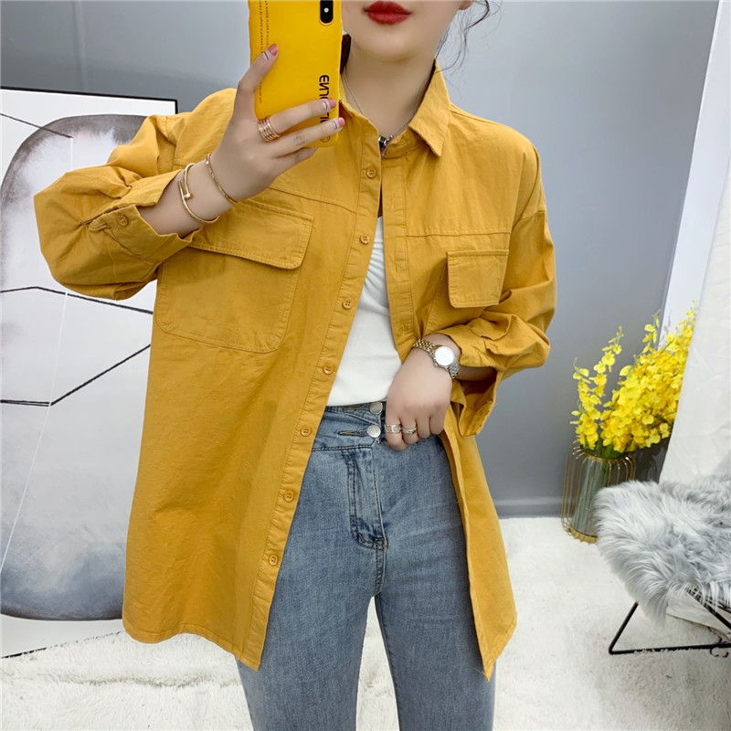 POLO领七分袖宽松衬衫女秋季翻领大口袋百搭单排扣休闲薄外套