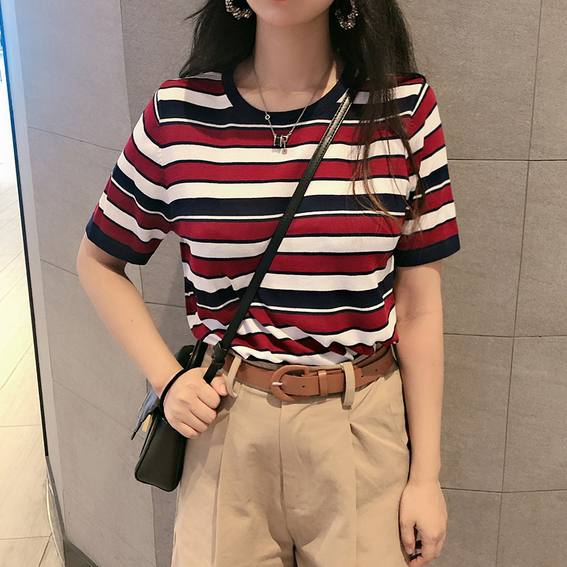 条纹短袖T恤女夏新款宽松显瘦圆领冰丝针织上衣潮